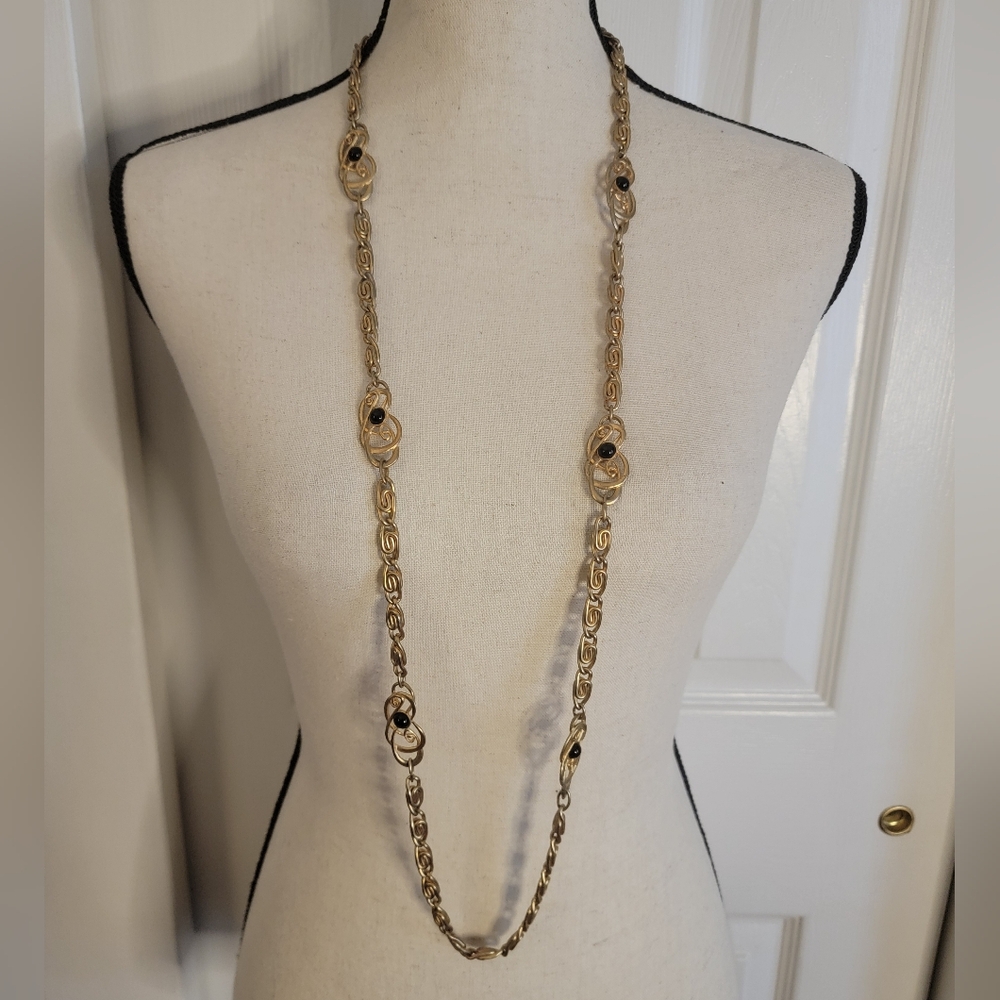 Vintage Georgiou Gold Tone Black Cabochon Station Necklace Long 44” Signed